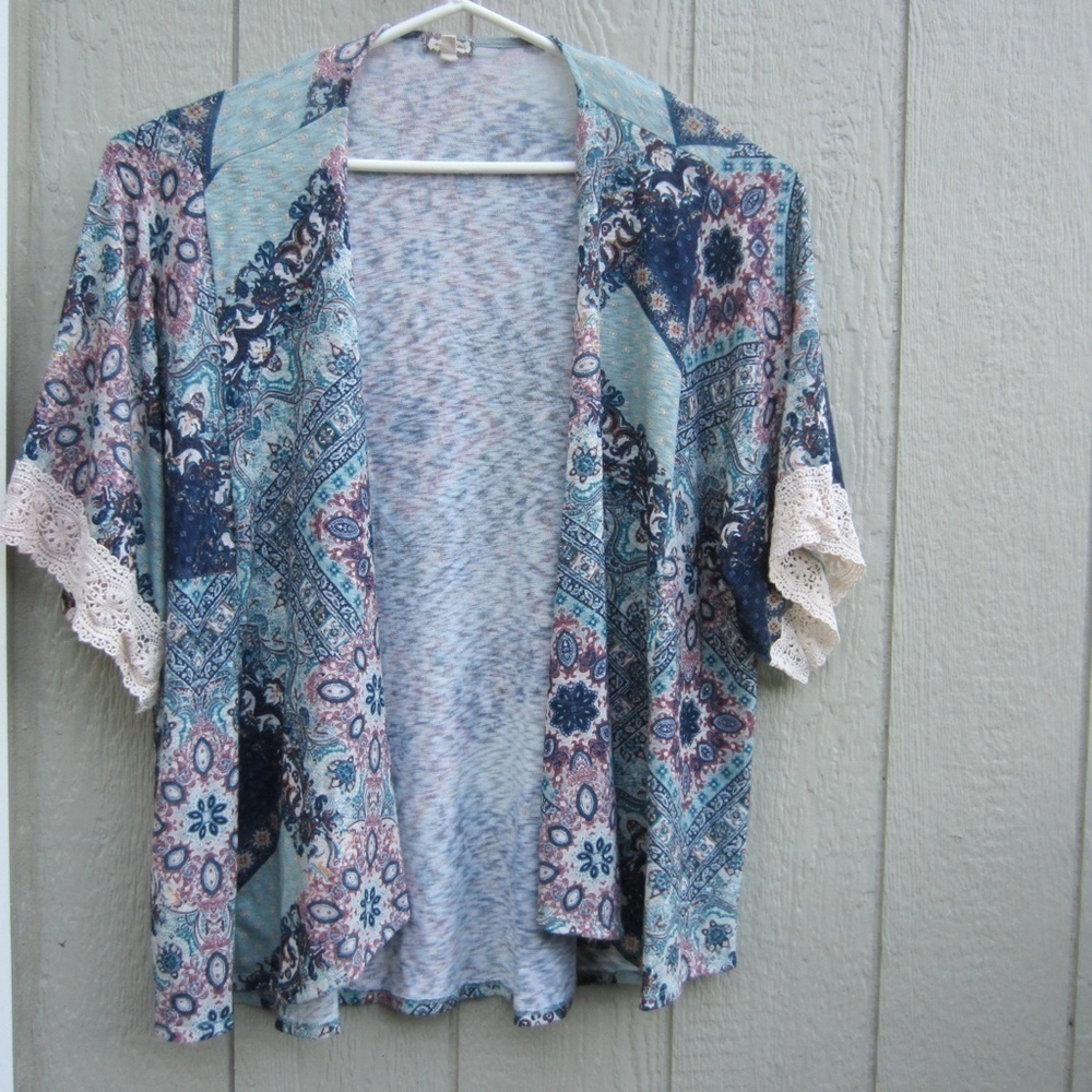 Eyeshadow Open Front Cardigan Women's Plus‎ 2X Floral Boho Kimono Sleeve Crochet